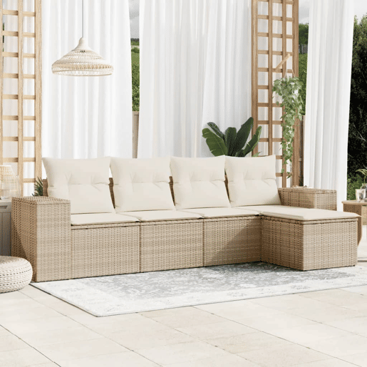 vidaXL 5 pcs conjunto de sofás p jardim com almofadões vime PE bege vidaXL 5 pcs conjunto de sofás p jardim com almofadões vime PE bege