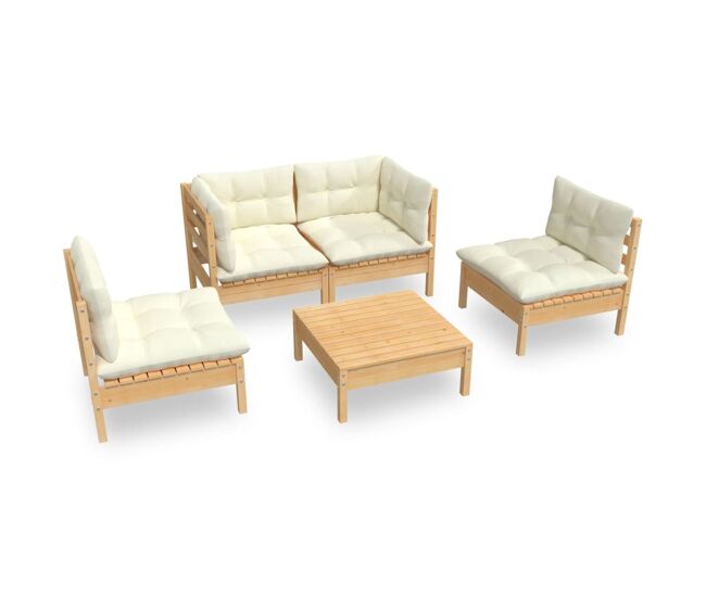 Mmuebles de jardín 5 pzas y cojines madera maciza de pino crema
