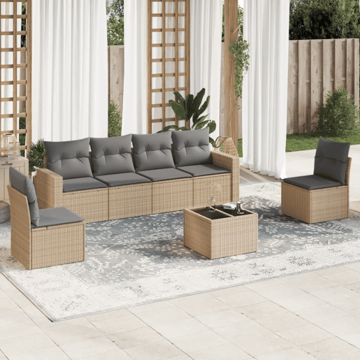 vidaXL 7 pcs conjunto de sofás p jardim com almofadões vime PE bege