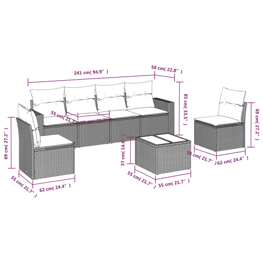 vidaXL 7 pcs conjunto de sofás p jardim com almofadões vime PE bege