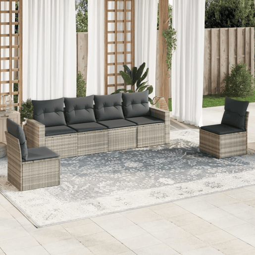 vidaXL 6 pcs conj. sofás jardim com almofadões vime PE cinzento-claro vidaXL 6 pcs conj. sofás jardim com almofadões vime PE cinzento-claro