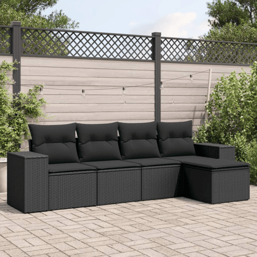 vidaXL 5 pcs conjunto sofás de jardim com almofadões vime PE preto vidaXL 5 pcs conjunto sofás de jardim com almofadões vime PE preto