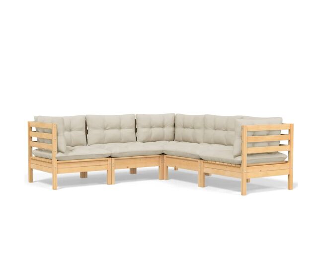 Muebles de jardín 5 pzas y cojines madera maciza de pino crema