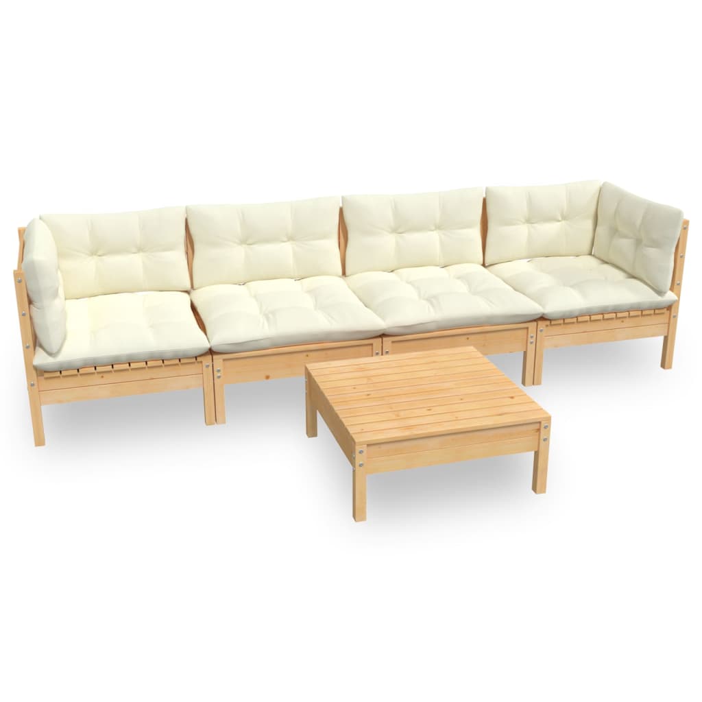 Muebles de jardín 5 pzas y cojines madera maciza de pino crema