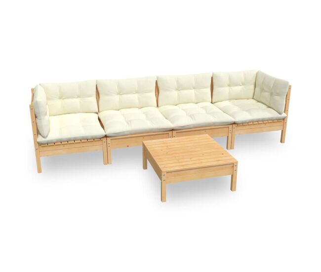 Muebles de jardín 5 pzas y cojines madera maciza de pino crema
