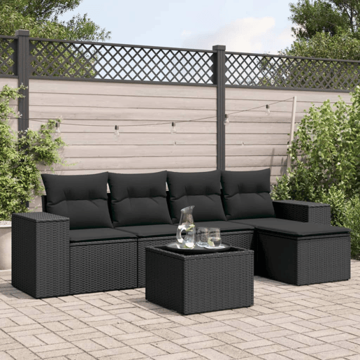 vidaXL 6 pcs conjunto sofás de jardim c almofadões vime PE preto vidaXL 6 pcs conjunto sofás de jardim c almofadões vime PE preto