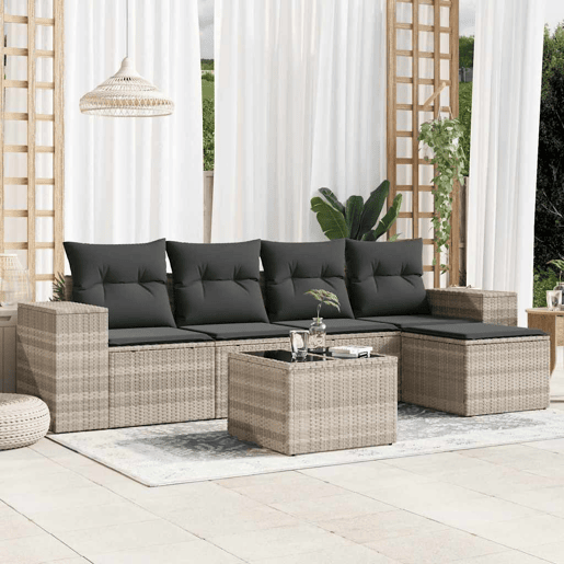 vidaXL 6 pcs conj. sofás jardim com almofadões vime PE cinzento-claro vidaXL 6 pcs conj. sofás jardim com almofadões vime PE cinzento-claro