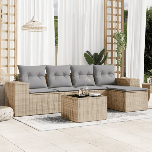 vidaXL 6 pcs conjunto de sofás p jardim com almofadões vime PE bege