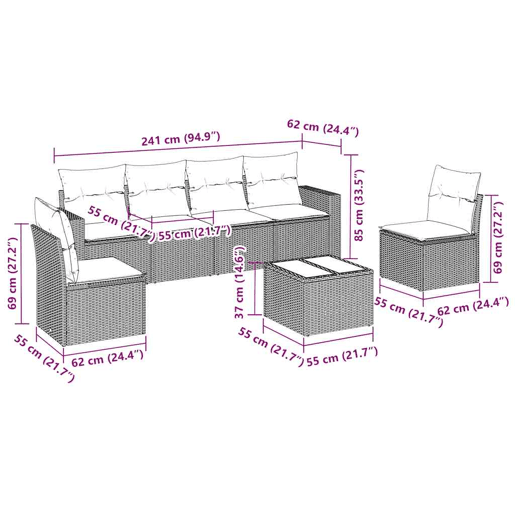 vidaXL 7 pcs conjunto de sofás p jardim c almofadões vime PE preto
