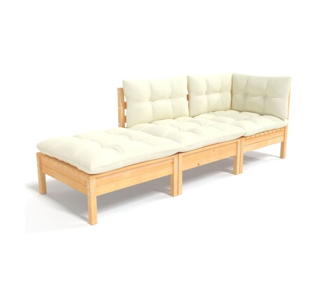 Muebles de jardín 3 piezas cojines madera maciza de pino crema