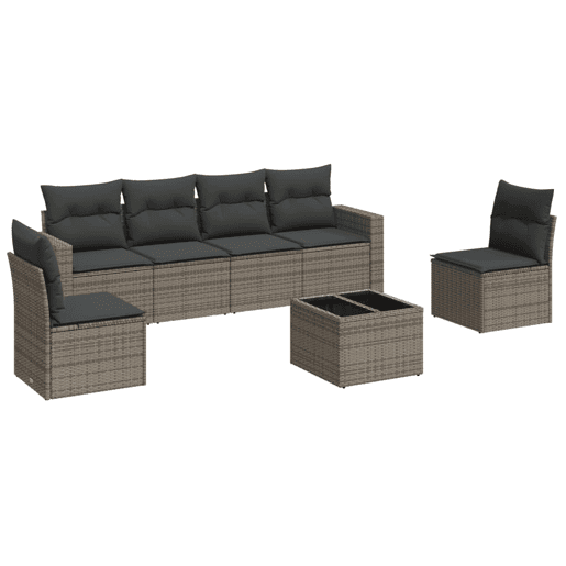 vidaXL 7 pcs conjunto sofás p jardim c almofadões vime PE cinzento vidaXL 7 pcs conjunto sofás p jardim c almofadões vime PE cinzento