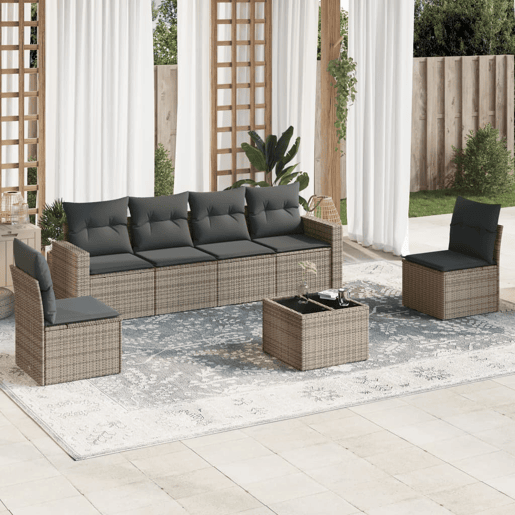vidaXL 7 pcs conjunto sofás p jardim c almofadões vime PE cinzento vidaXL 7 pcs conjunto sofás p jardim c almofadões vime PE cinzento