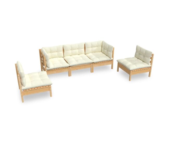 Mmuebles de jardín 5 pzas y cojines madera maciza de pino crema
