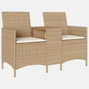 vidaXL Sofá de jardim c mesa e almofadões 2 lugares vime PE bege