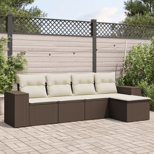 vidaXL 5 pcs conjunto sofás p jardim c almofadões vime PE castanho
