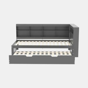 Cama de casal GIRCAET em madeira maciça cinzenta 90*200 com porta USB e vários espaços de arrumação