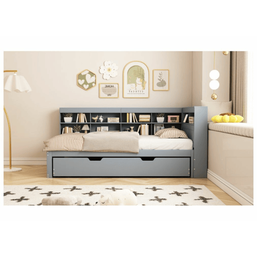 Cama de casal GIRCAET em madeira maciça cinzenta 90*200 com porta USB e vários espaços de arrumação
