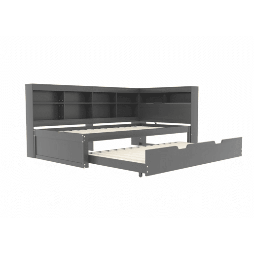 Cama de casal GIRCAET em madeira maciça cinzenta 90*200 com porta USB e vários espaços de arrumação