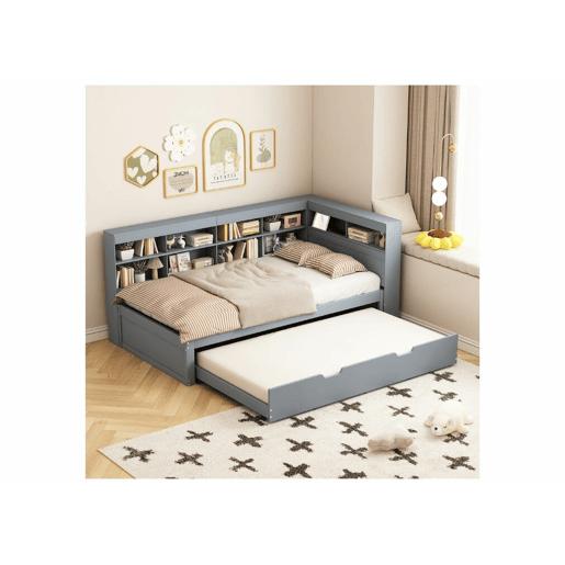 Cama de casal GIRCAET em madeira maciça cinzenta 90*200 com porta USB e vários espaços de arrumação