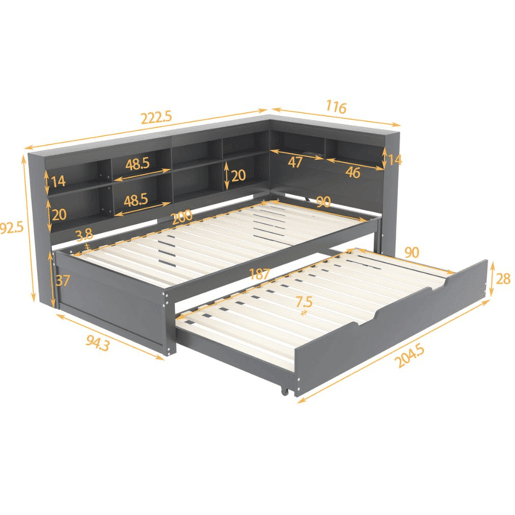 Cama de casal GIRCAET em madeira maciça cinzenta 90*200 com porta USB e vários espaços de arrumação