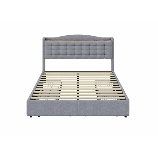 Cama de casal em linho cinzento com estofos, 4 gavetas e 2 portas USB (140*200 cm) CASAL EMPHUT CINZA CLARO