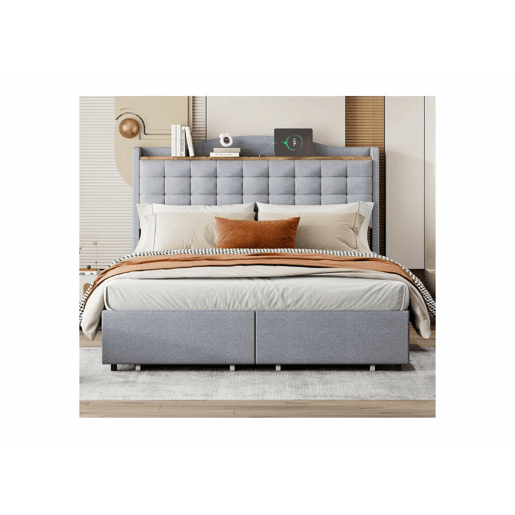 Cama de casal em linho cinzento com estofos, 4 gavetas e 2 portas USB (140*200 cm) CASAL EMPHUT CINZA CLARO