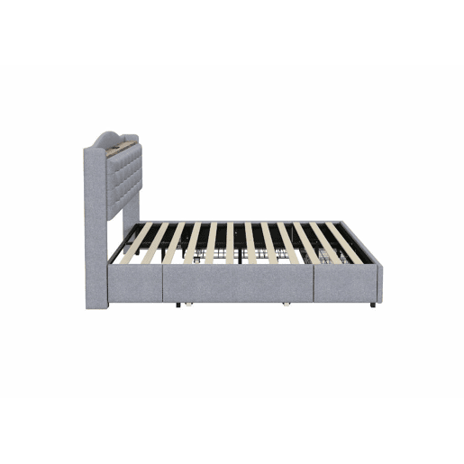 Cama de casal em linho cinzento com estofos, 4 gavetas e 2 portas USB (140*200 cm) CASAL EMPHUT CINZA CLARO
