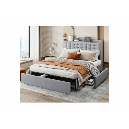Cama de casal em linho cinzento com estofos, 4 gavetas e 2 portas USB (140*200 cm) CASAL EMPHUT CINZA CLARO