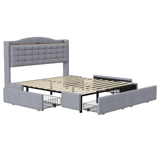 Cama de casal em linho cinzento com estofos, 4 gavetas e 2 portas USB (140*200 cm) CASAL EMPHUT CINZA CLARO