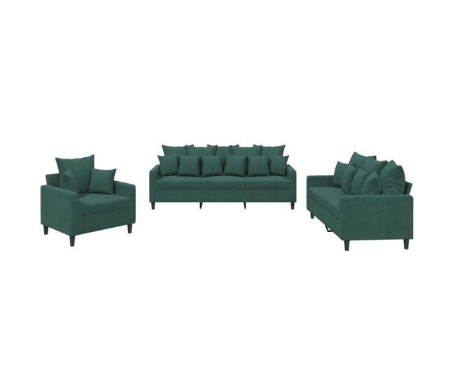 Vidaxl juego de sofás con cojines 3 piezas terciopelo verde oscuro