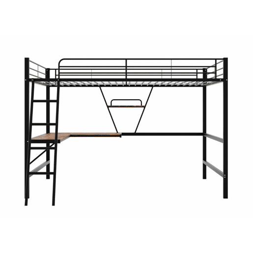 Cama alta individual em metal preto com secretária em L e prateleira 90x200cm STOGZODS
