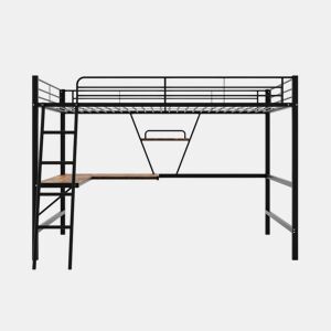 Cama alta individual em metal preto com secretária em L e prateleira 90x200cm STOGZODS