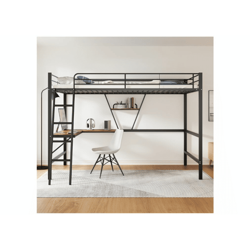 Cama alta individual em metal preto com secretária em L e prateleira 90x200cm STOGZODS