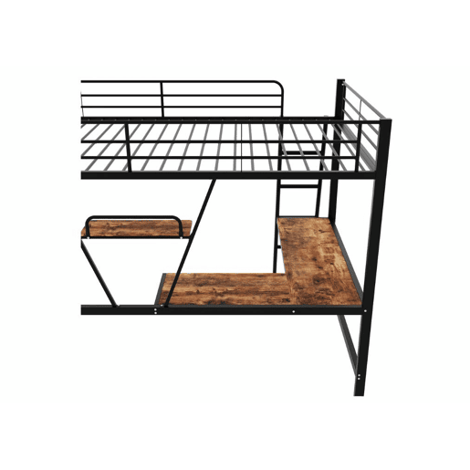 Cama alta individual em metal preto com secretária em L e prateleira 90x200cm STOGZODS