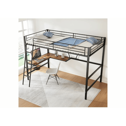 Cama alta individual em metal preto com secretária em L e prateleira 90x200cm STOGZODS