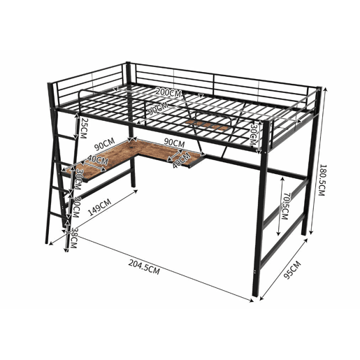 Cama alta individual em metal preto com secretária em L e prateleira 90x200cm STOGZODS
