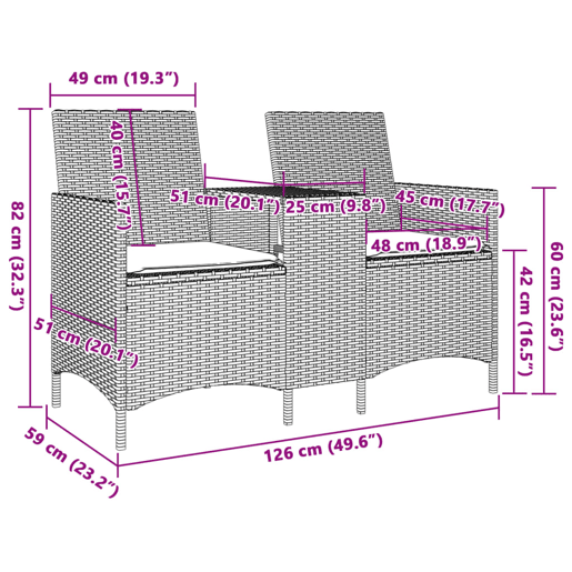 vidaXL Sofá de jardim c mesa e almofadões 2 lugares vime PE cinzento vidaXL Sofá de jardim c mesa e almofadões 2 lugares vime PE cinzento