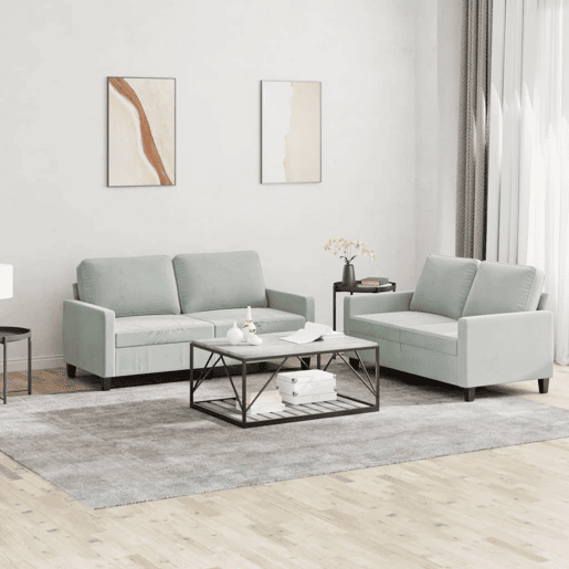 vidaXL 2 pcs conjunto de sofás com almofadões veludo cinzento-claro vidaXL 2 pcs conjunto de sofás com almofadões veludo cinzento-claro