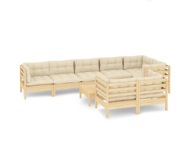 Muebles de jardín 9 pzas y cojines madera maciza de pino crema
