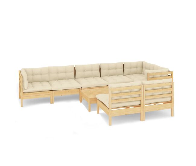 Muebles de jardín 9 pzas y cojines madera maciza de pino crema