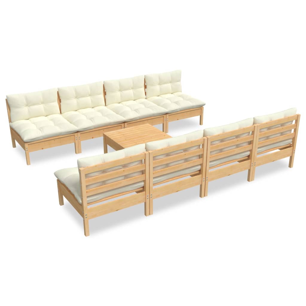 Muebles de jardín 9 pzas y cojines madera maciza de pino crema