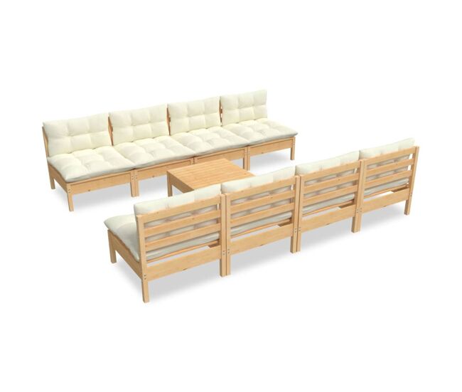 Muebles de jardín 9 pzas y cojines madera maciza de pino crema