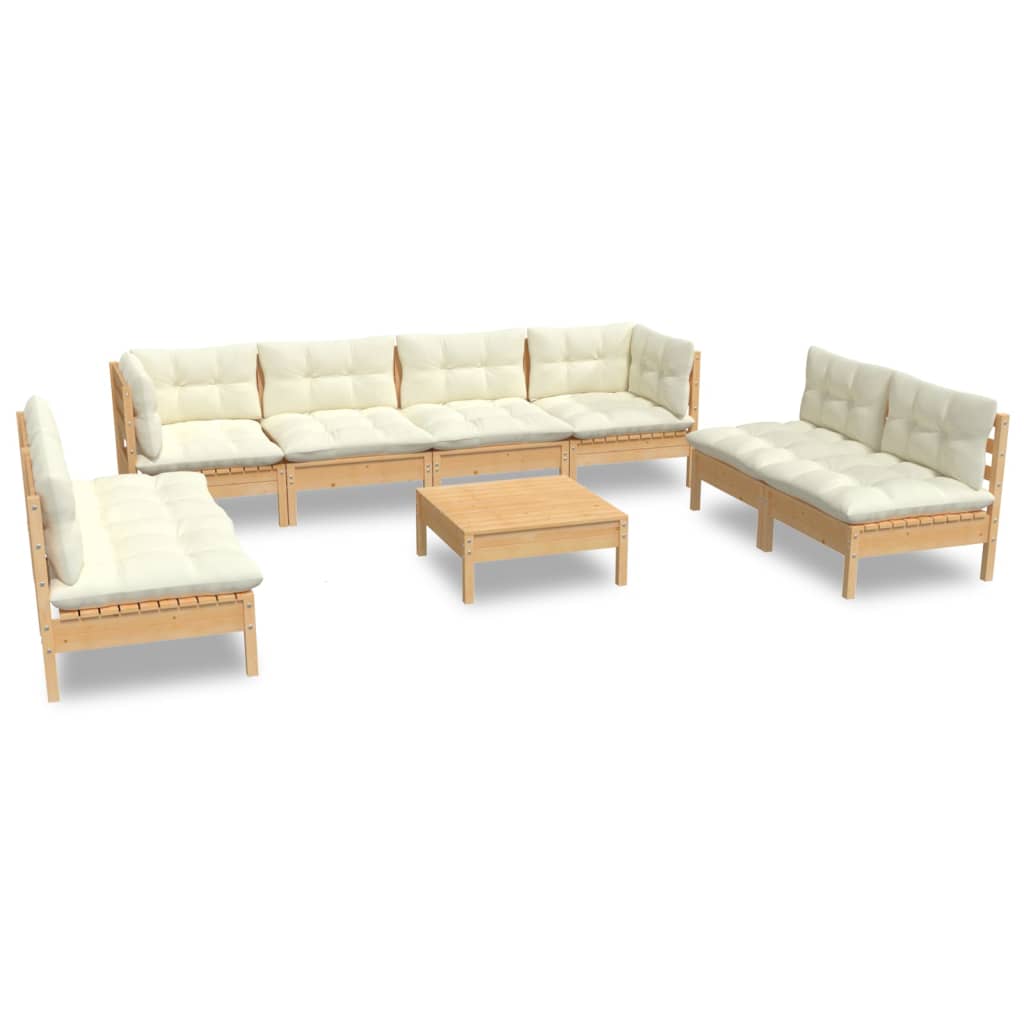 Muebles de jardín 9 pzas y cojines madera maciza de pino crema