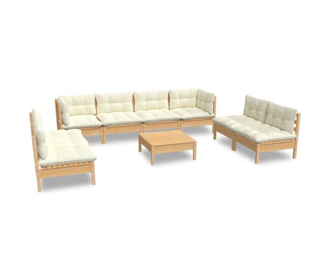 Muebles de jardín 9 pzas y cojines madera maciza de pino crema