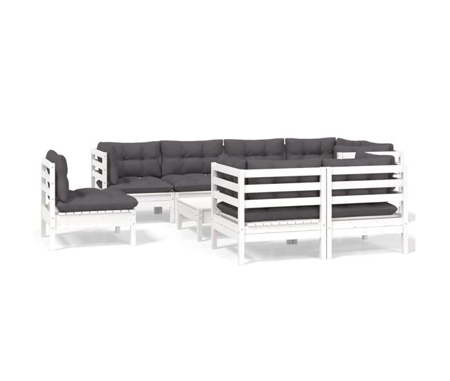 Muebles de jardín 9 pzas con cojines blanco madera maciza pino
