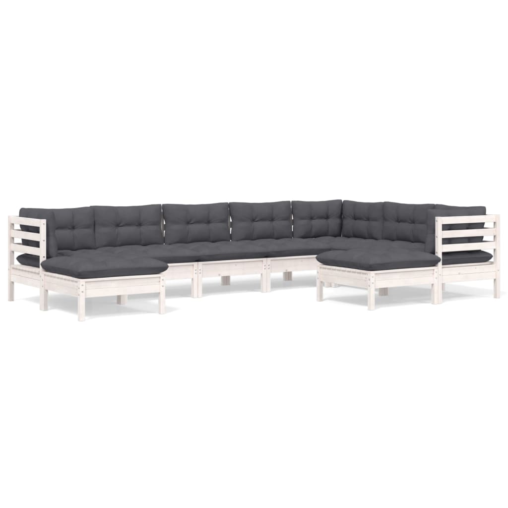 Muebles de jardín 9 pzas y cojines blanco madera maciza de pino