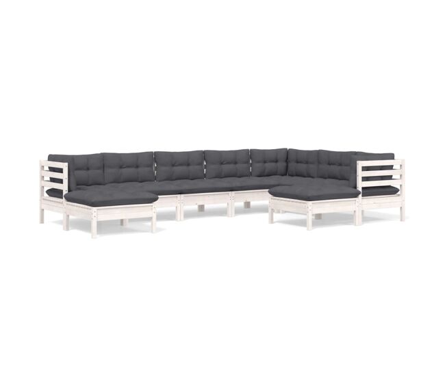 Muebles de jardín 9 pzas y cojines blanco madera maciza de pino