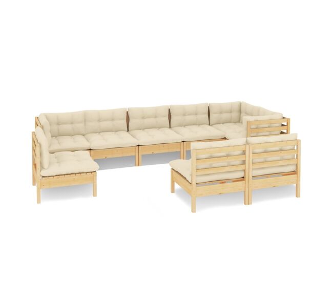 Muebles de jardín 9 piezas y cojines madera maciza de pino