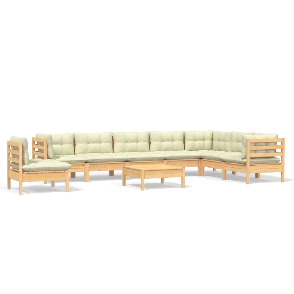 Muebles de jardín 9 pzas y cojines madera maciza de pino crema