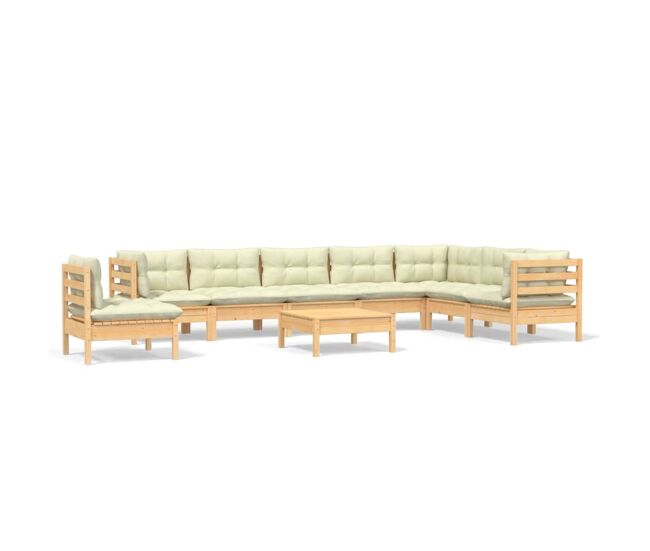 Muebles de jardín 9 pzas y cojines madera maciza de pino crema